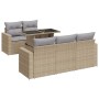 Beige 6-tlg. vidaXL Garten-Sofagarnitur aus Rattan mit Tisch und hellgrauen Kissen.