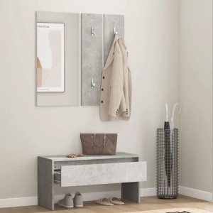 vidaXL Flurmöbel-Set in Betongrau mit Bank, Spiegel und Garderobe.