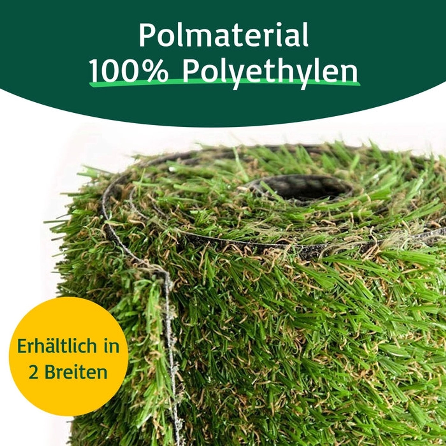 Detailaufnahme einer Rolle Karat Kunstrasen Cambridge, 25mm hoch, UV-beständig.