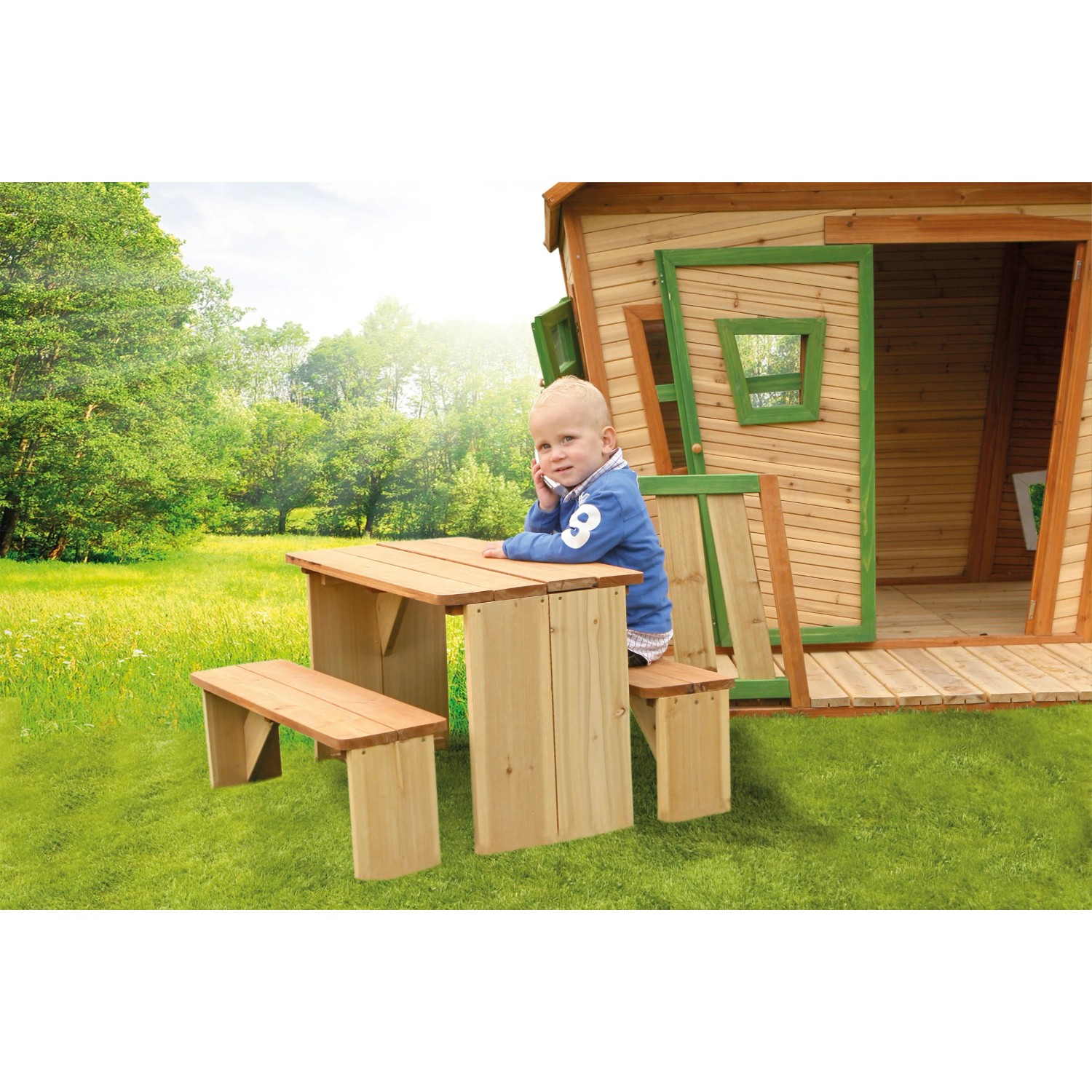 Braunes Picknick-Set ZidZed XL aus Holz mit Tisch und Bänken für Kinder im Garten.