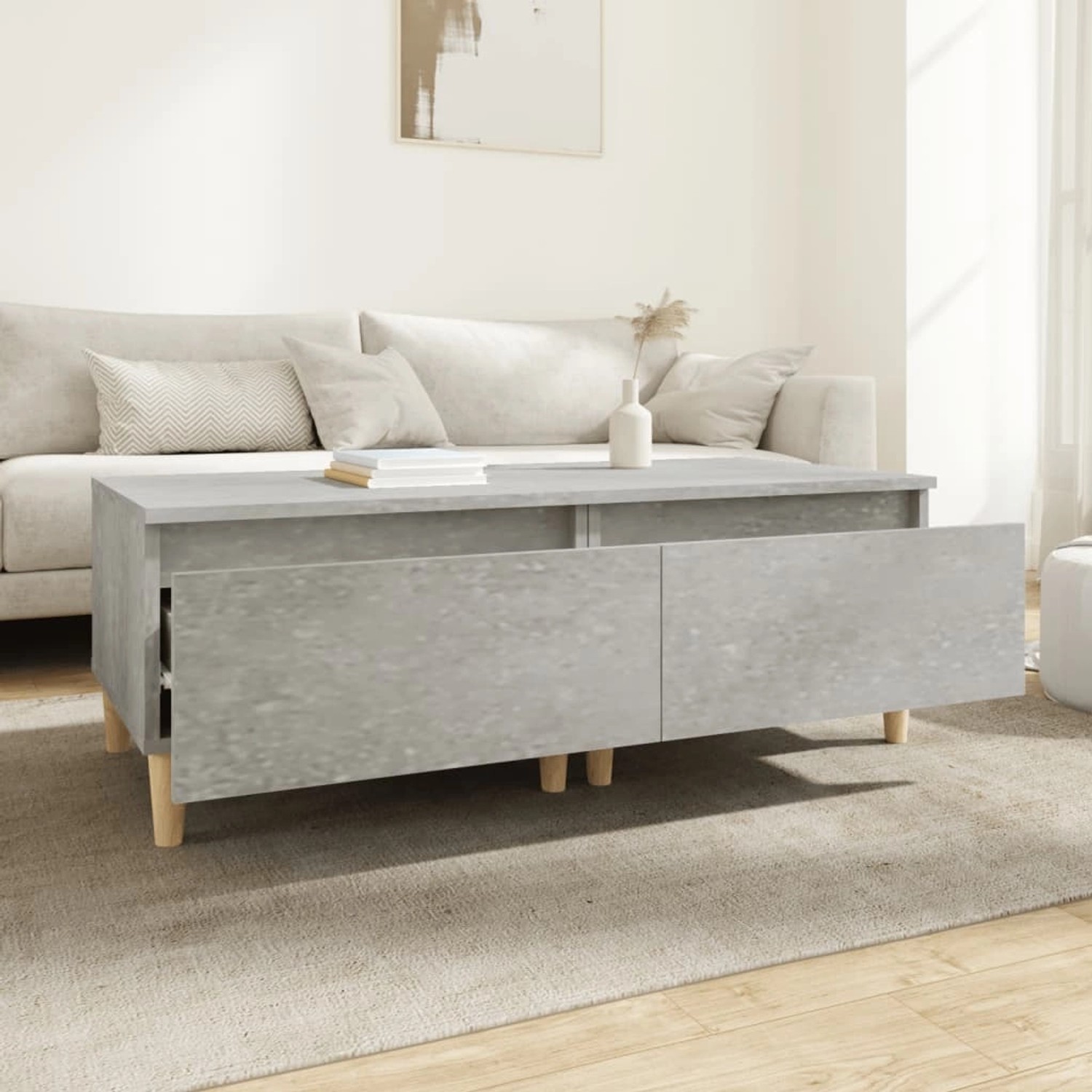 vidaXL Beistelltische, 2er-Set, Betongrau, Holzwerkstoff, mit Schubladen und Holzbeinen.