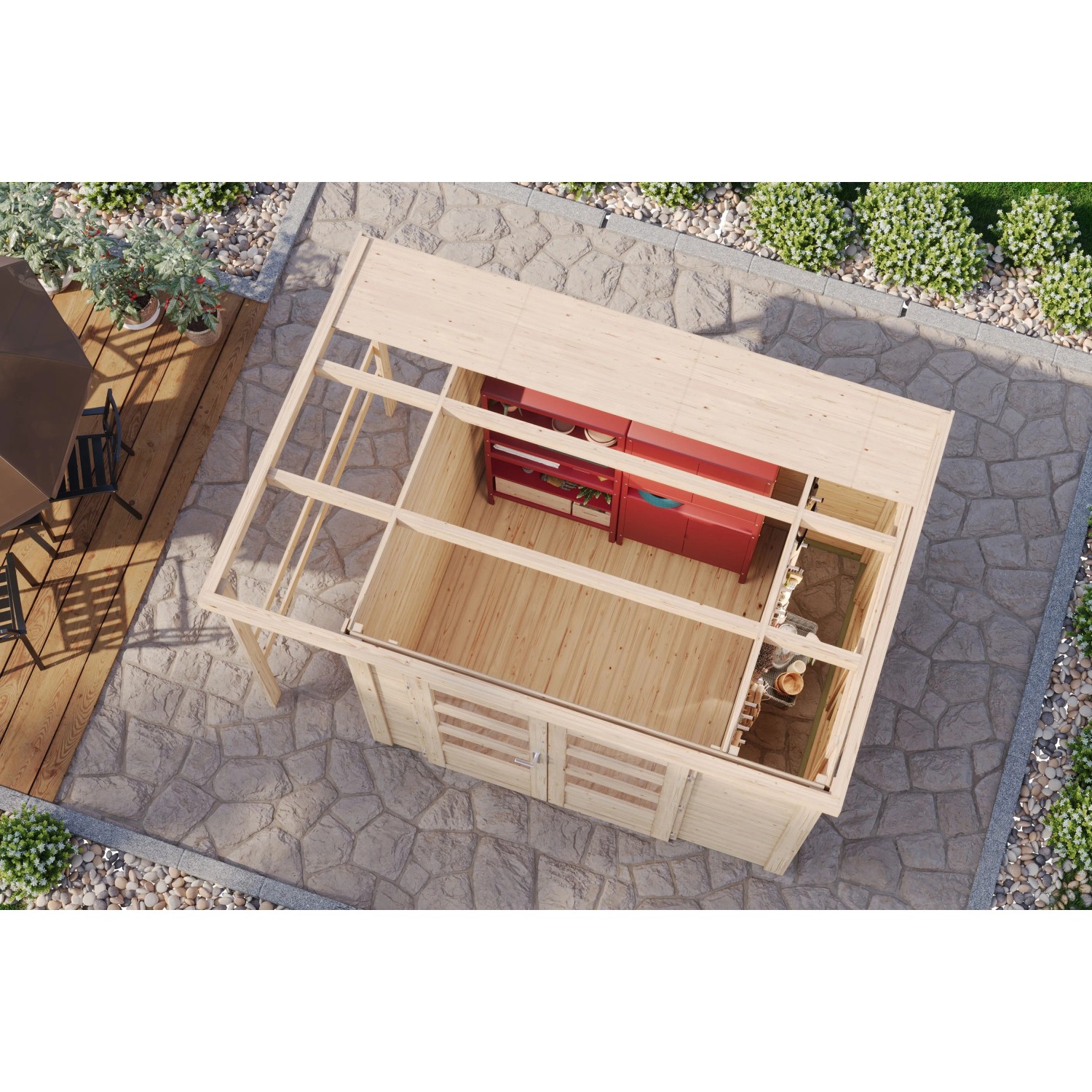 Karibu Gartenhaus mit Schrank und Anbaudach, Terragrau, von oben. Gartenhaus-Zubehör.