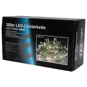 Verpackung einer Lex 300er LED Lichterkette, weißes Licht, für Innen und Außen.
