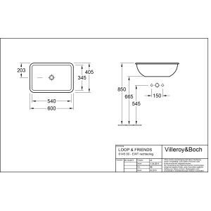 Technische Zeichnung: Villeroy & Boch Loop & Friends Einbauwaschbecken, 60 cm, Alpinweiß, mit Maßangaben.