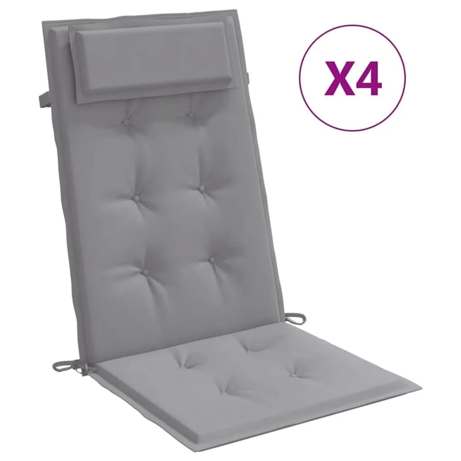 Graue Hochlehner-Auflagen aus Oxford-Gewebe, 4er-Set. Mit Kopfpolster und Steppung für Gartenstühle.