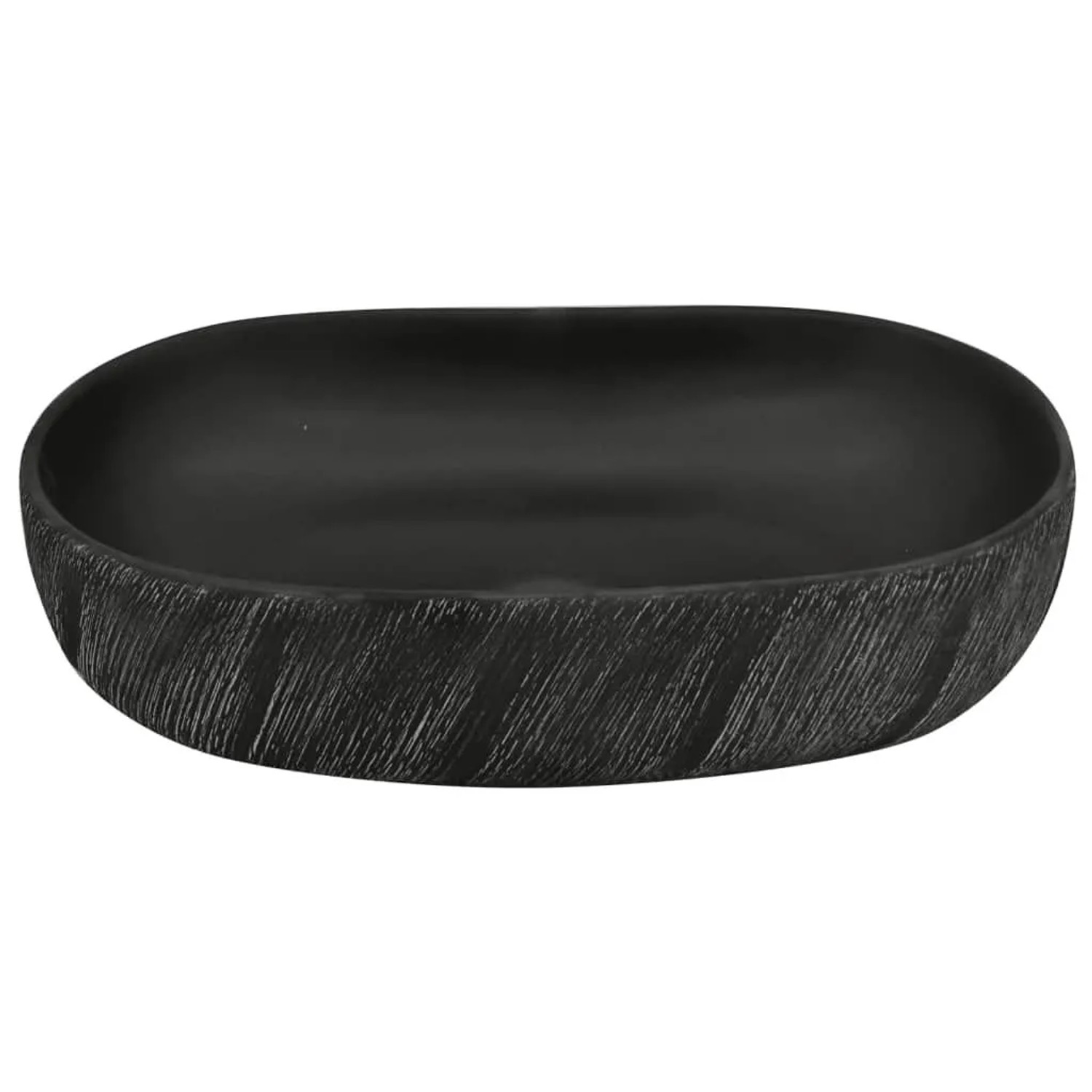 Schwarzes, ovales Aufsatzwaschbecken (59x40 cm) aus Keramik mit strukturierter Oberfläche.