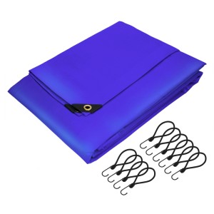 Blaue PVC Abdeckplane 4x5m mit Metallösen und 10 Spanngummis. Wasserdichte Gewebeplane für Garten & Baustelle.