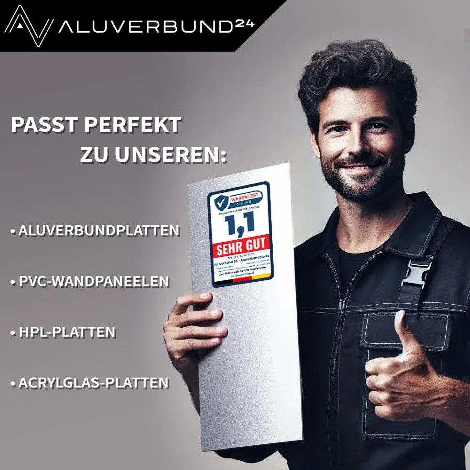 Schwarzes Aluverbund Sockelprofil 100cm für 3mm Platten, gezeigt mit Handwerker und Anwendungsbeispiel.
