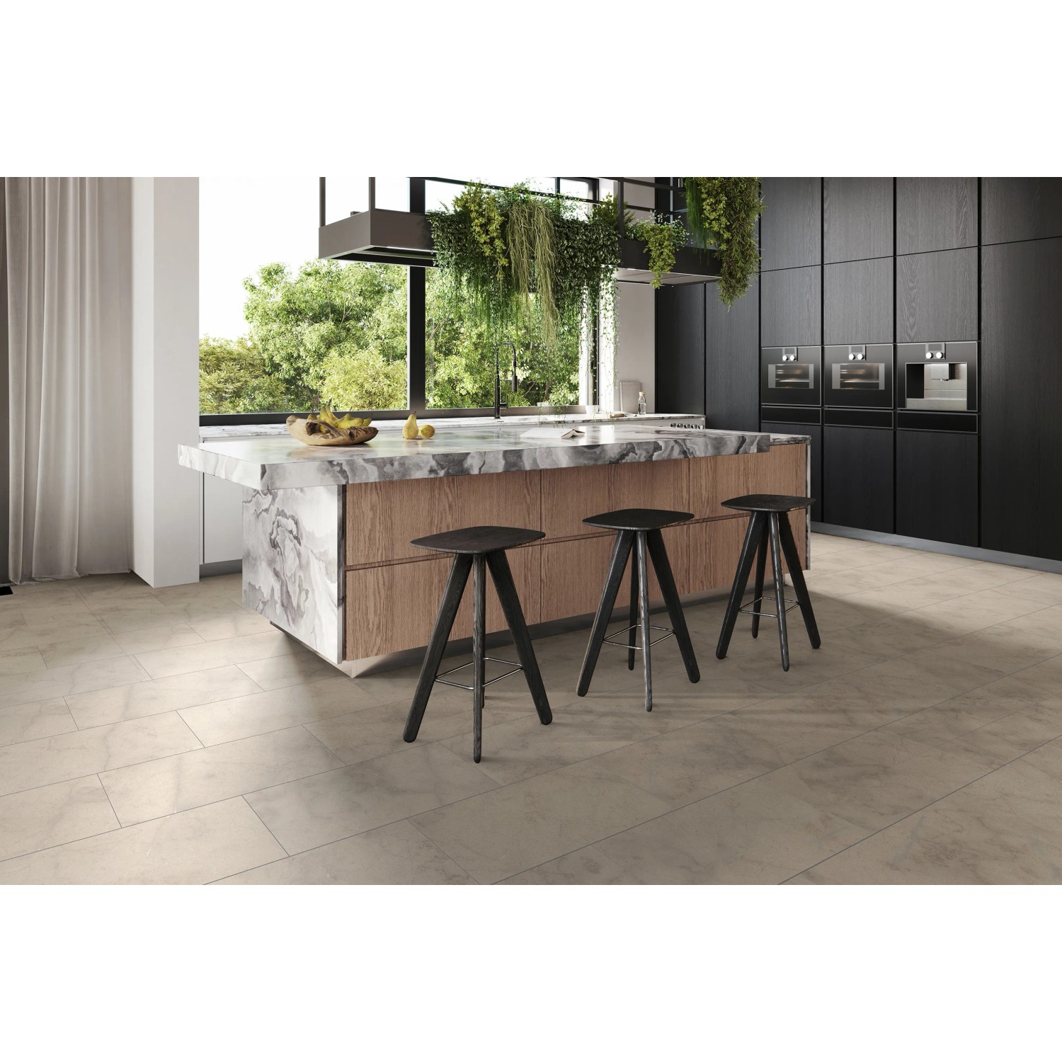 Verlegtes, wasserfestes Laminat Kronoflooring Excellent+ in Granit Dovetail Arosa im modernen Küchenambiente.