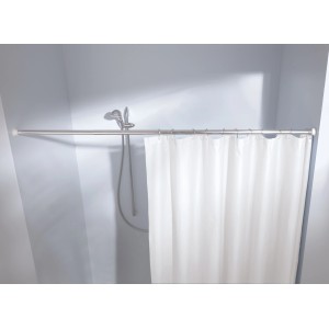 Chromfarbige Duschstange von Kleine Wolke, ausziehbar von 75 bis 125 cm, mit Duschvorhang.