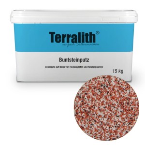 Terralith Buntsteinputz Mosaikputz, 15kg Eimer mit rot, schwarz, weißen Steinchen. Für Innen & Außen.