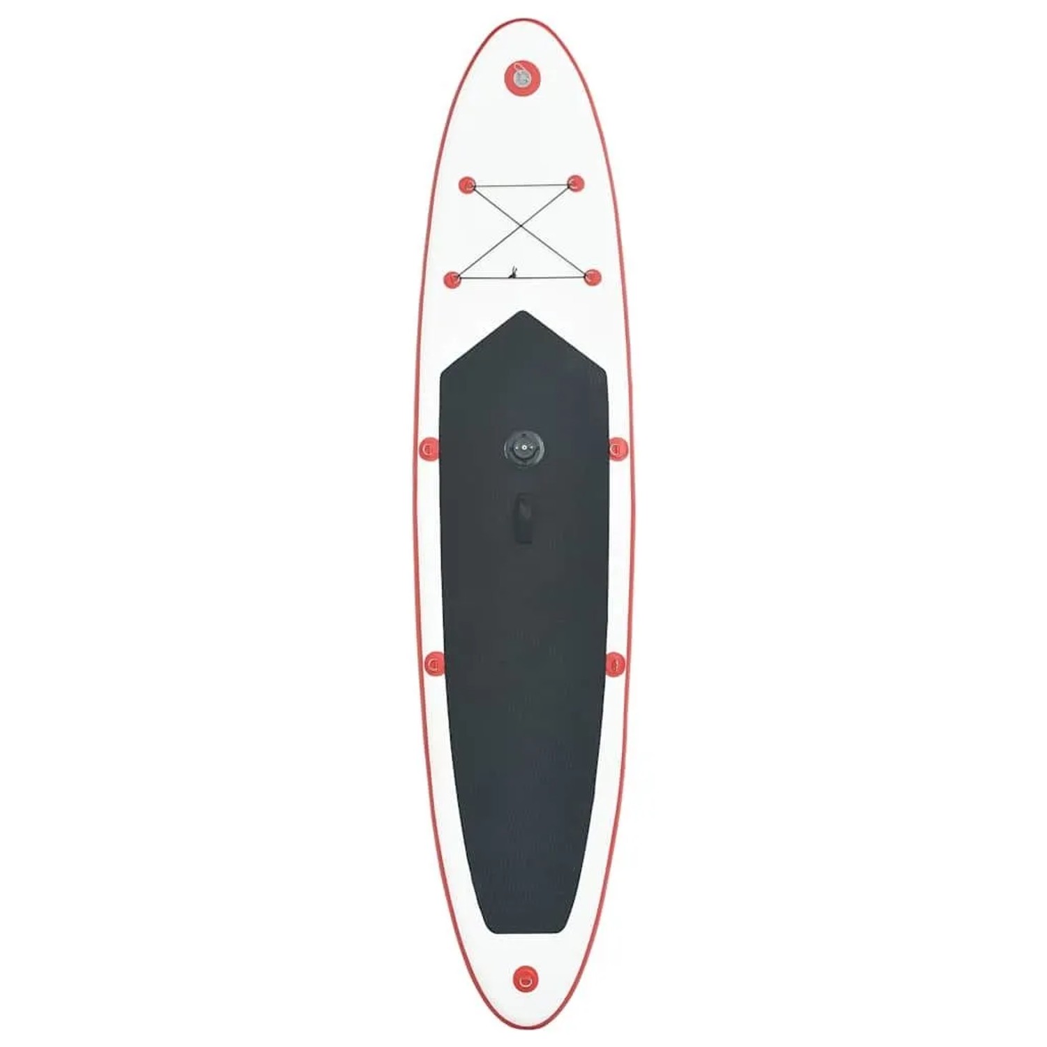 Rotes und weißes aufblasbares SUP-Board für Wassersport. Mit rutschfester Oberfläche und Gepäcknetz.