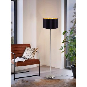 Moderne Eglo Stehleuchte Maserlo, schwarz-goldener Stoffschirm, Metallfuß, 1-flammig, für gemütliche Beleuchtung.