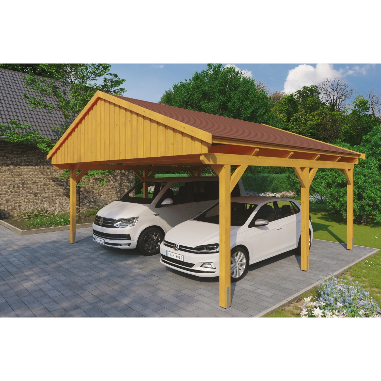 Skan Holz Carport Fichtelberg 618 cm x 566 cm Rote Schindeln Eiche Hell günstig online kaufen