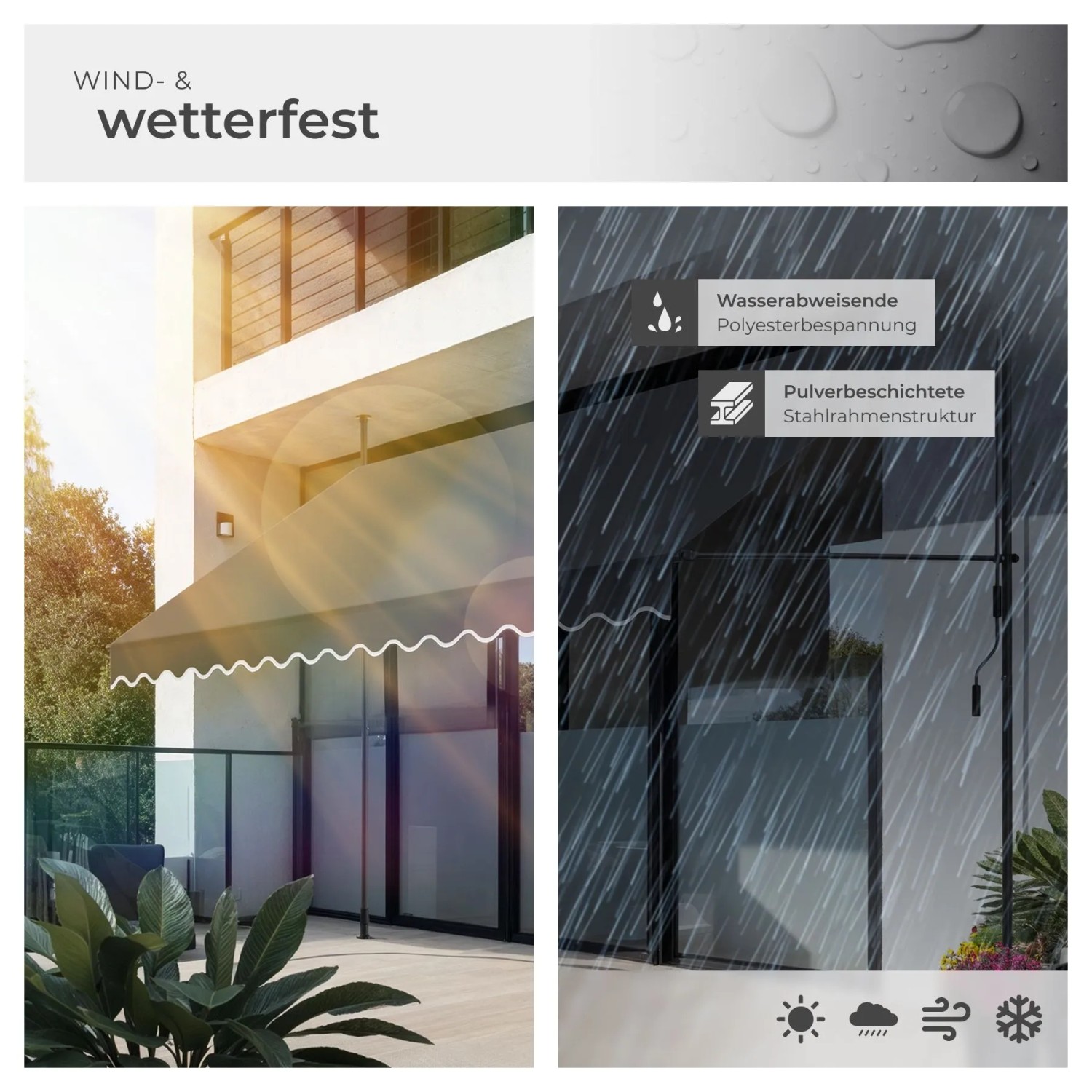 Schwarz-graue Tectake Klemmmarkise mit Handkurbel, UV-beständig & wasserabweisend für Balkon & Terrasse.