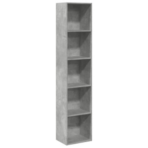 Schmales, hohes Bücherregal in Betongrau mit 5 offenen Fächern aus Holzwerkstoff für Stauraum.