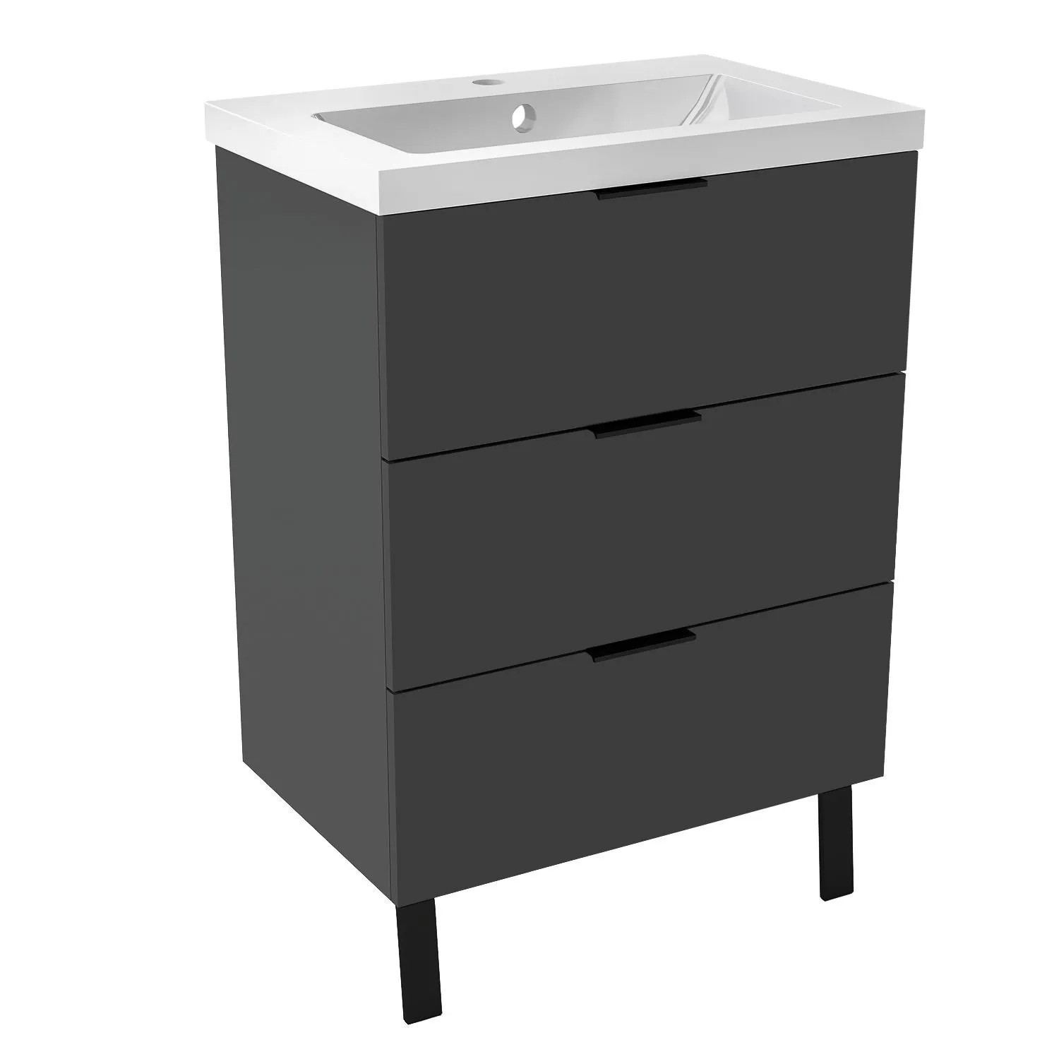 AICA Waschtisch mit Unterschrank 60 cm Kantin Badmöbel Set 2 tlg. Waschbecken mit Standschrank Anthrazit Hochglanz Griffen & Füße Softclose