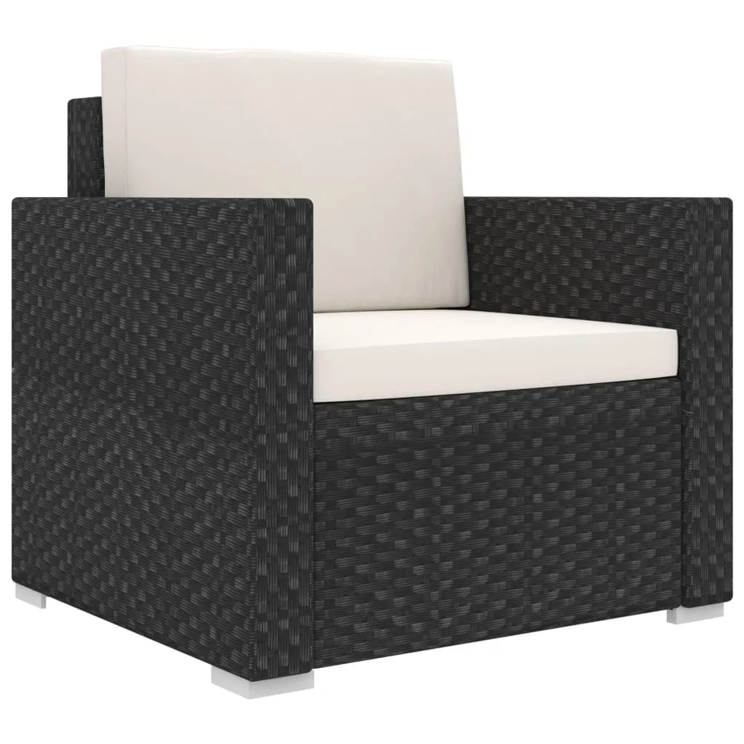 Schwarzer vidaXL Garten Sessel aus Rattan mit cremeweißen Auflagen, Teil eines Lounge Sets.