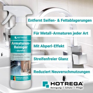 Hotrega Armaturenreiniger säurefrei 500 ml. Weiße Sprühflasche vor glänzender Chromarmatur. Entfernt Kalk, Seife, Fett für streifenfreien Glanz.