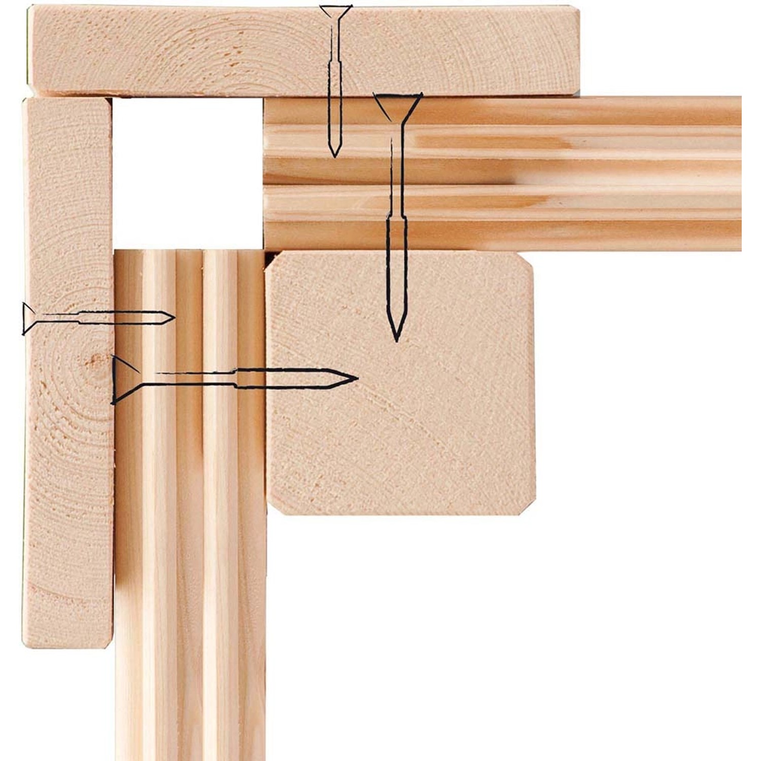 Detailaufnahme der Eckverbindung eines Holz-Gartenhauses mit Schrauben.