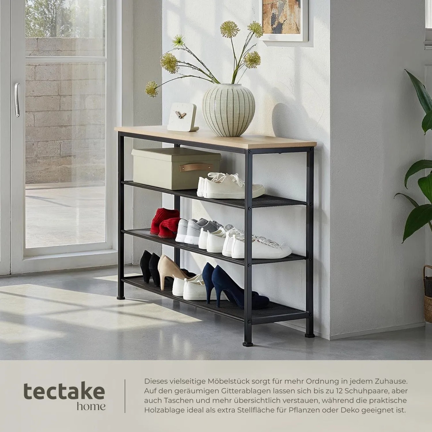 Tectake Schuhregal Portsmouth Industrial Style Holz und Stahl 100 x 30 50 x 72 50 cm Industrial Holz Hell Eiche Sonoma_4