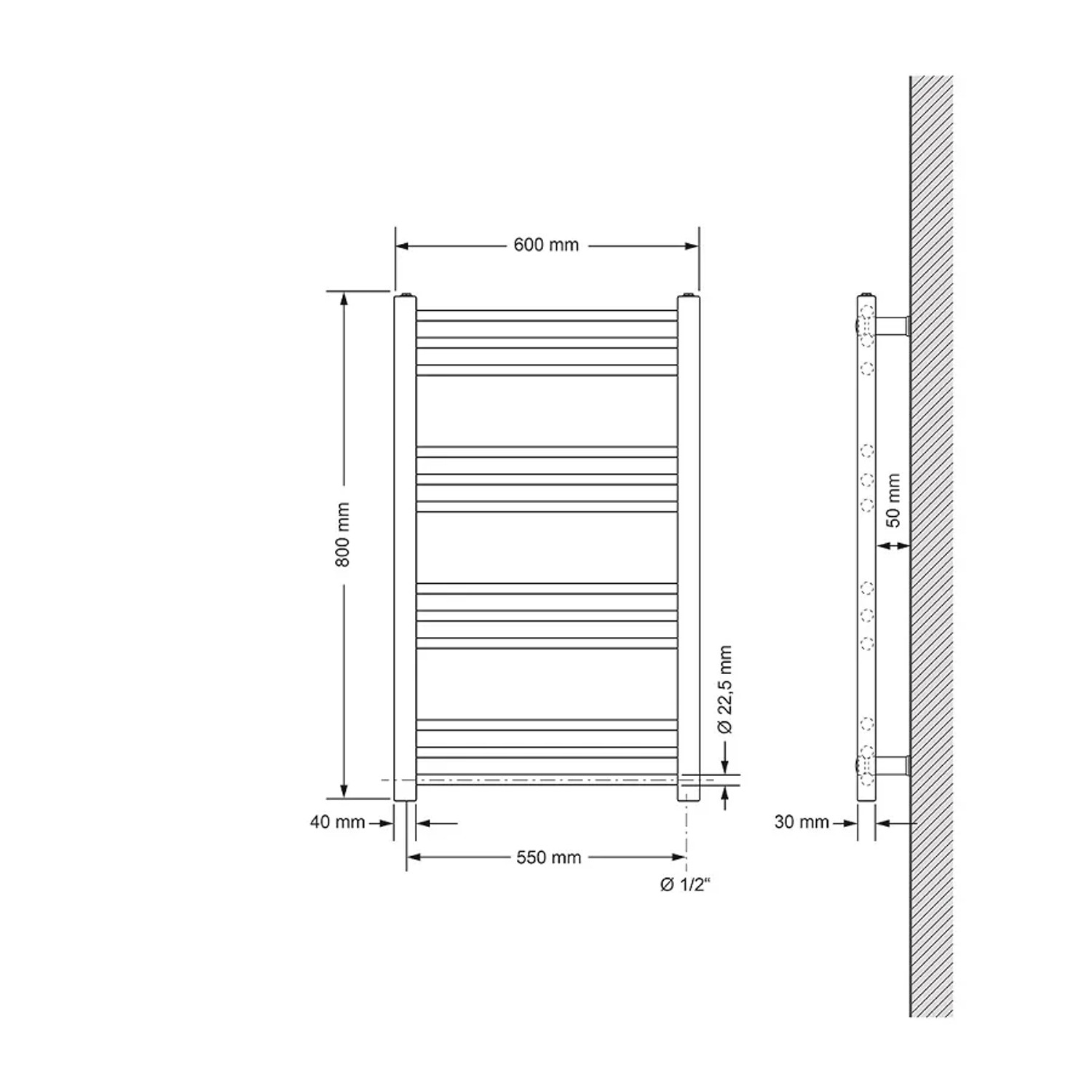 Technische Zeichnung: Weißer LuxeBath Badheizkörper, 600x800mm, mit Maßangaben.