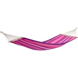 Gestreifte Stabhängematte Tonga Candy in Pink- und Lilatönen, 200x100 cm, für entspannte Stunden im Garten.