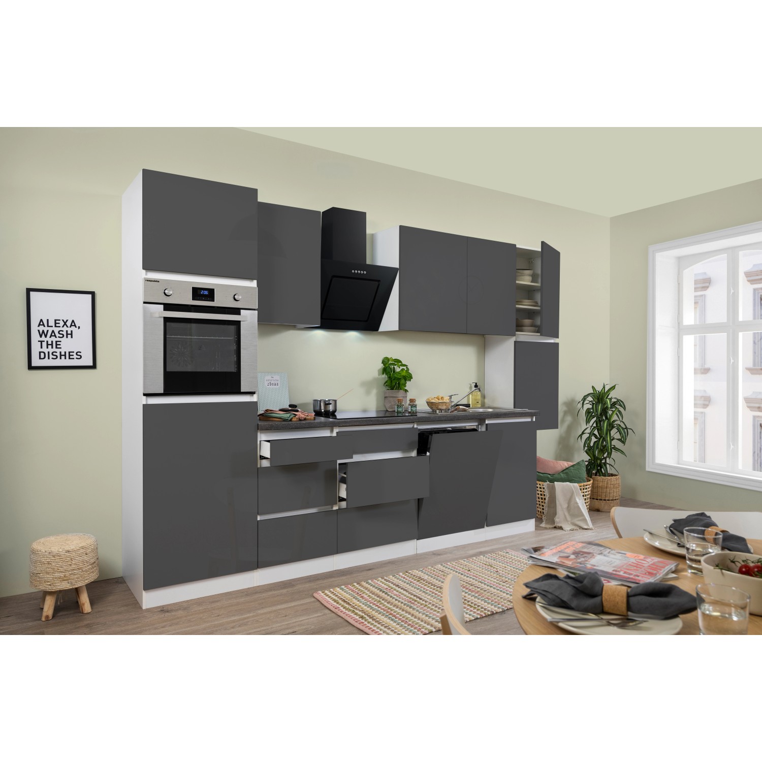 Respekta Küchenzeile/Küchenblock GLRP330HWG Grifflos 330 cm Grau Hochglanz-Weiß