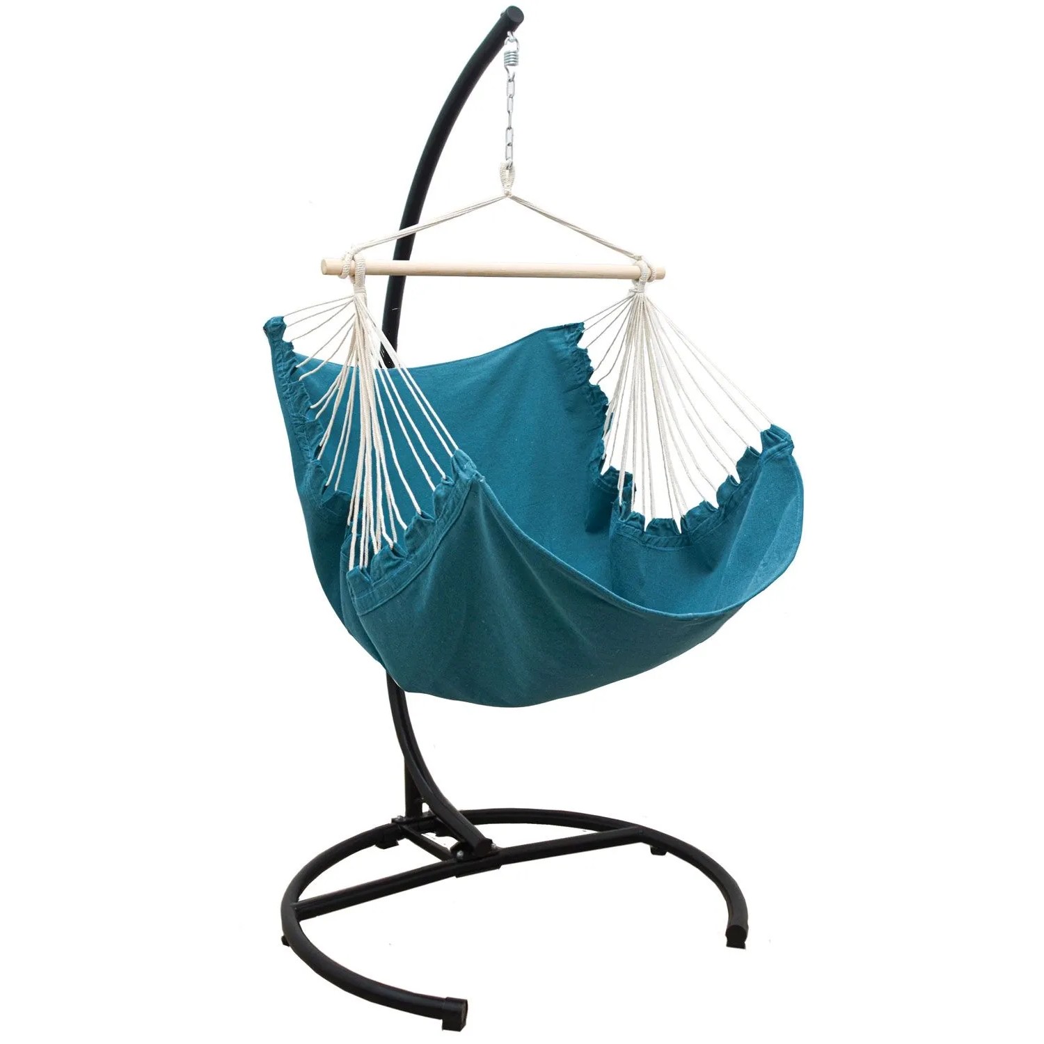 AMANKA XL-Hängesessel in Petrolblau mit schwarzem Stahlgestell. Bequemer Schwebesessel für Garten & Terrasse.