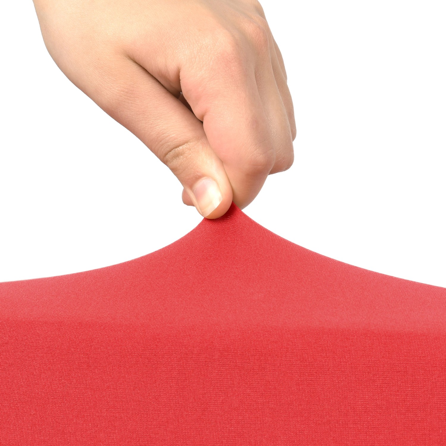 Detailaufnahme: Rote Beautissu Stehtischhusse Stella, Stretchstoff wird gedehnt.