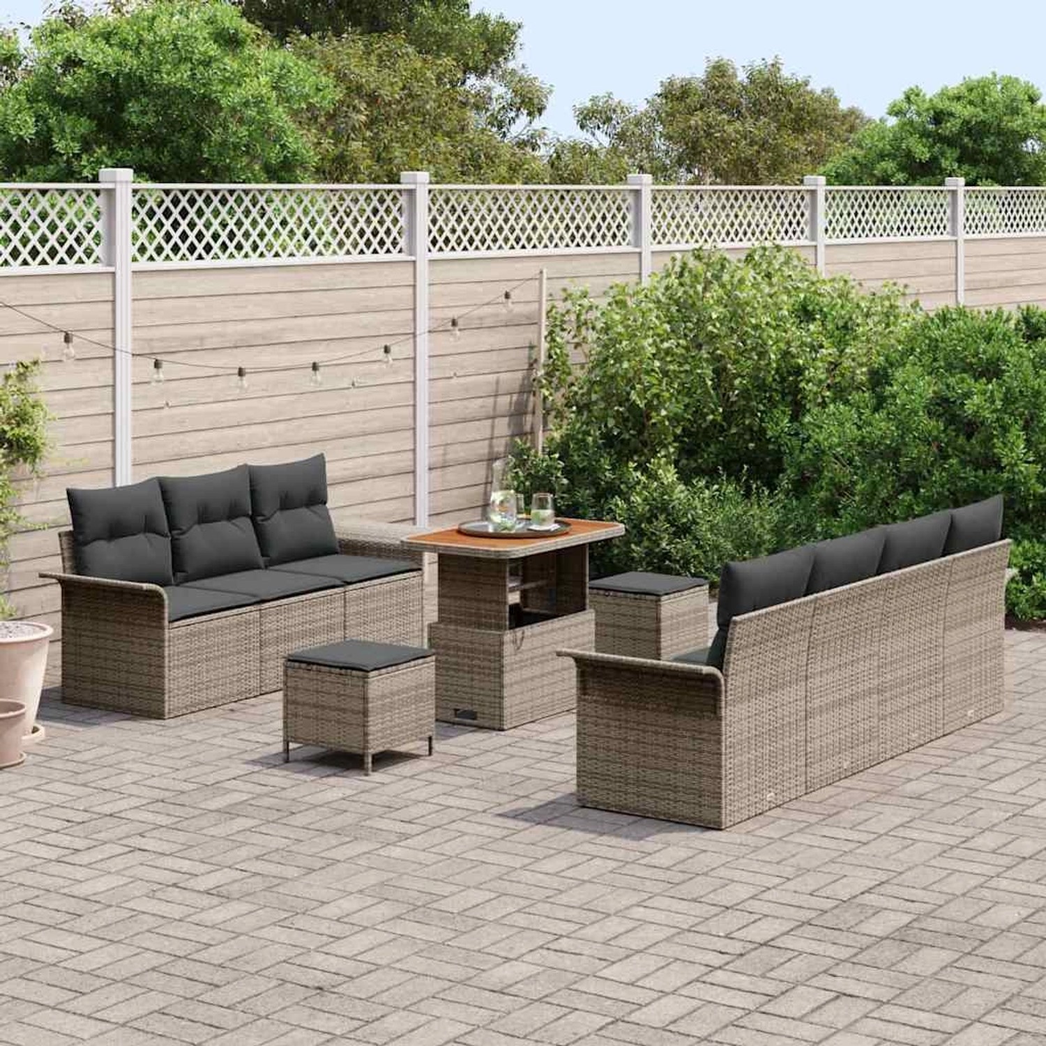 Graues 10-tlg. vidaXL Garten-Sofa-Set aus Poly Rattan mit höhenverstellbarem Tisch.