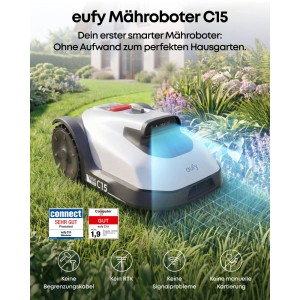 Eufy Mähroboter C15 Solo auf grünem Rasen im Garten. Autonome Rasenpflege ohne Begrenzungskabel mit TrueVision-Technologie.