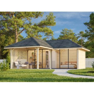 Palmako Pavillon Bianca Set 213, 588x588 cm, weiß lackiert, mit Schiebetüren und Sichtschutzzaun.