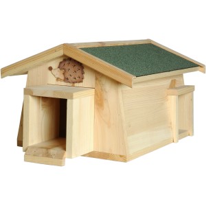 Dobar Igelfutterhaus aus Kiefernholz mit zwei Eingängen und grünem Bitumendach.
