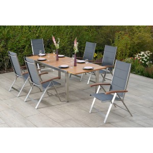 Merxx Ferrara Gartenset, 7-teilig mit Ausziehtisch und Klappsesseln aus Edelstahl und Akazie.