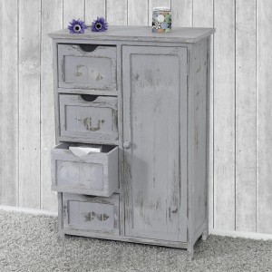 Graue MCW Kommode D12 mit 4 Schubladen und einer Tür im Shabby-Look, 82x55x30cm.