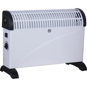 Weißer Konvektorheizer Idala 2000 W mit schwarzem Fuß und Thermostat.