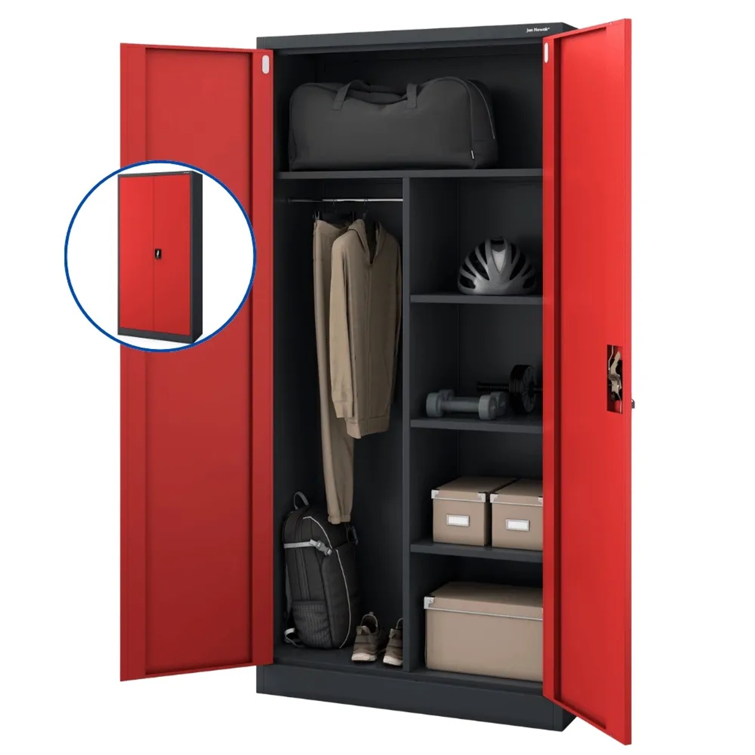 JAN NOWAK Mehrzweckschrank Metall Abschließbar DAWID 185 x 90 x 45 cm Anthrazit-Rot Putzschrank Vorratschrank