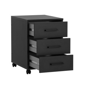 Schwarzer Schildmeyer Rollcontainer Ruby mit drei Schubladen und Rollen.