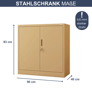 Beiger DELUKE Aktenschrank KADO mit Flügeltüren und Maßangaben.