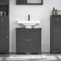 Grauer SoBuy Waschbeckenunterschrank 60x58x35cm mit 2 Lamellentüren unter weißem Waschbecken im Bad.