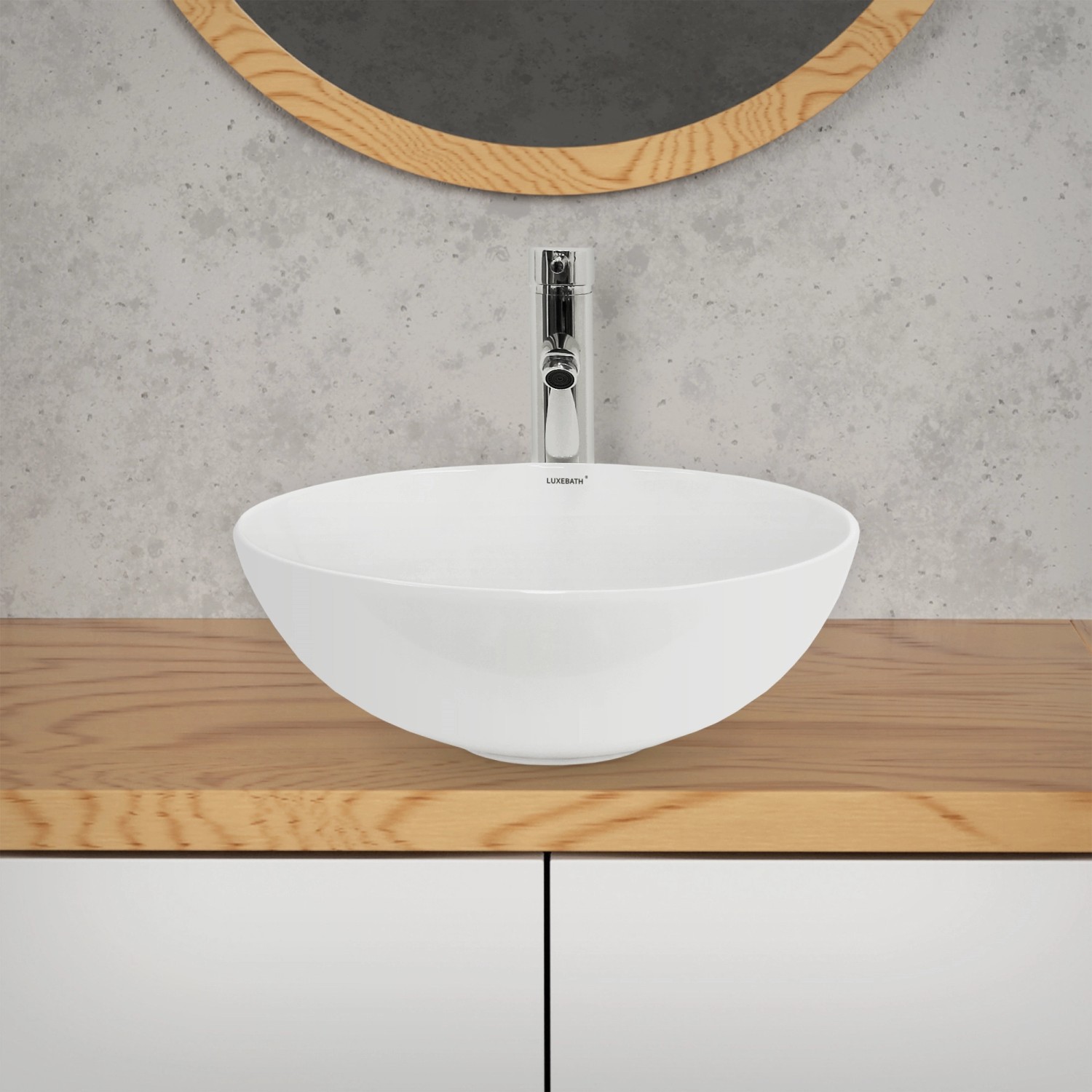 Rundes, weißes ECD Germany Aufsatzwaschbecken aus Keramik (400x147 mm) auf Waschtisch montiert.