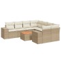 Beige 9-teilige Garten Sofagarnitur aus Polyrattan mit Tisch und cremefarbenen Kissen.