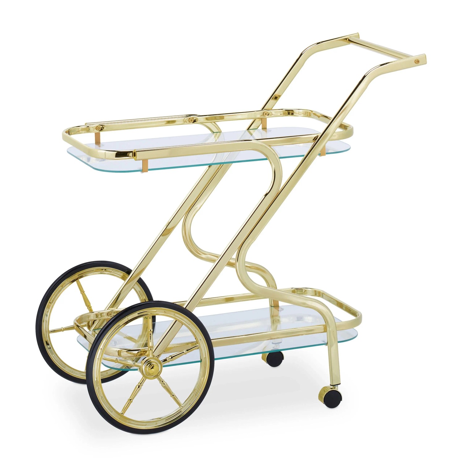 Relaxdays Servierwagen Glas Eisen Messingfarben Transparent mit Rollen 80 cm x 43 cm x 85 cm 8,9 kg