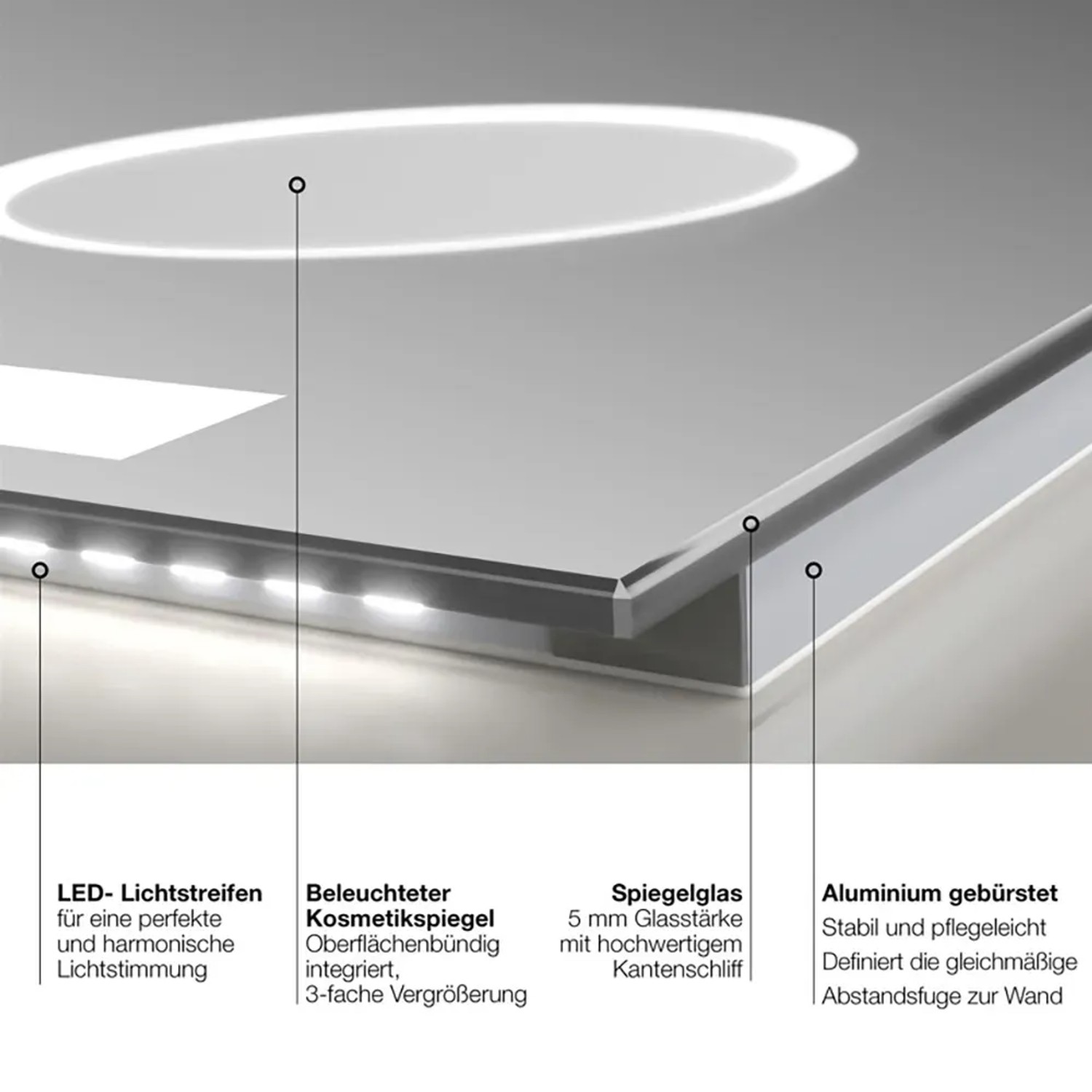 Detailaufnahme: DSK Design LED-Lichtspiegel Silver Conde mit Aluminiumrahmen und LED-Beleuchtung.
