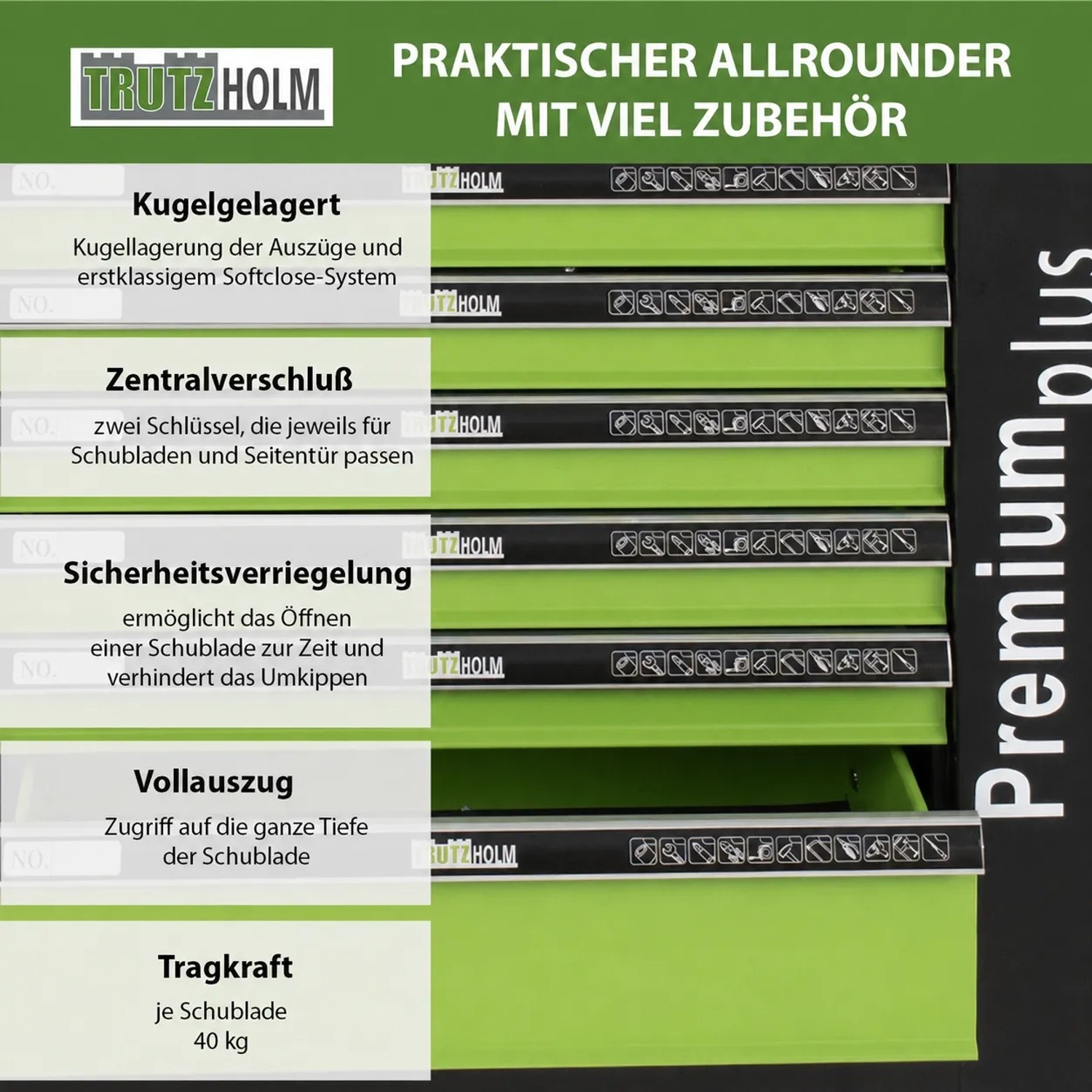 TRUTZHOLM Werkzeugwagen Premium Plus (leer) mit 7 Schubladen, Details zu Schubladen-Features.
