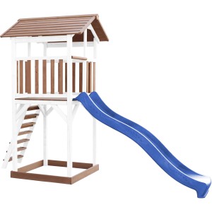 Axi Beach Tower Spielturm mit blauer Rutsche, braun-weißes Holzdesign. Ideal für Kinder zum Klettern und Rutschen.