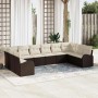 Braunes 10-teiliges vidaXL Garten-Sofa-Set aus Poly Rattan mit beigen Kissen.