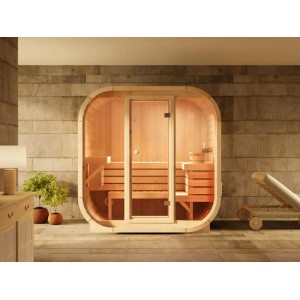 FinnTherm Innensauna Ellipso M aus Holz mit Glastür und Fensterfront. Für bis zu 3 Personen.
