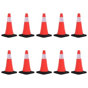 10er Set rote DELUKE Leitkegel 50cm mit Reflexstreifen und schwerem Fuß für Verkehrssicherung.